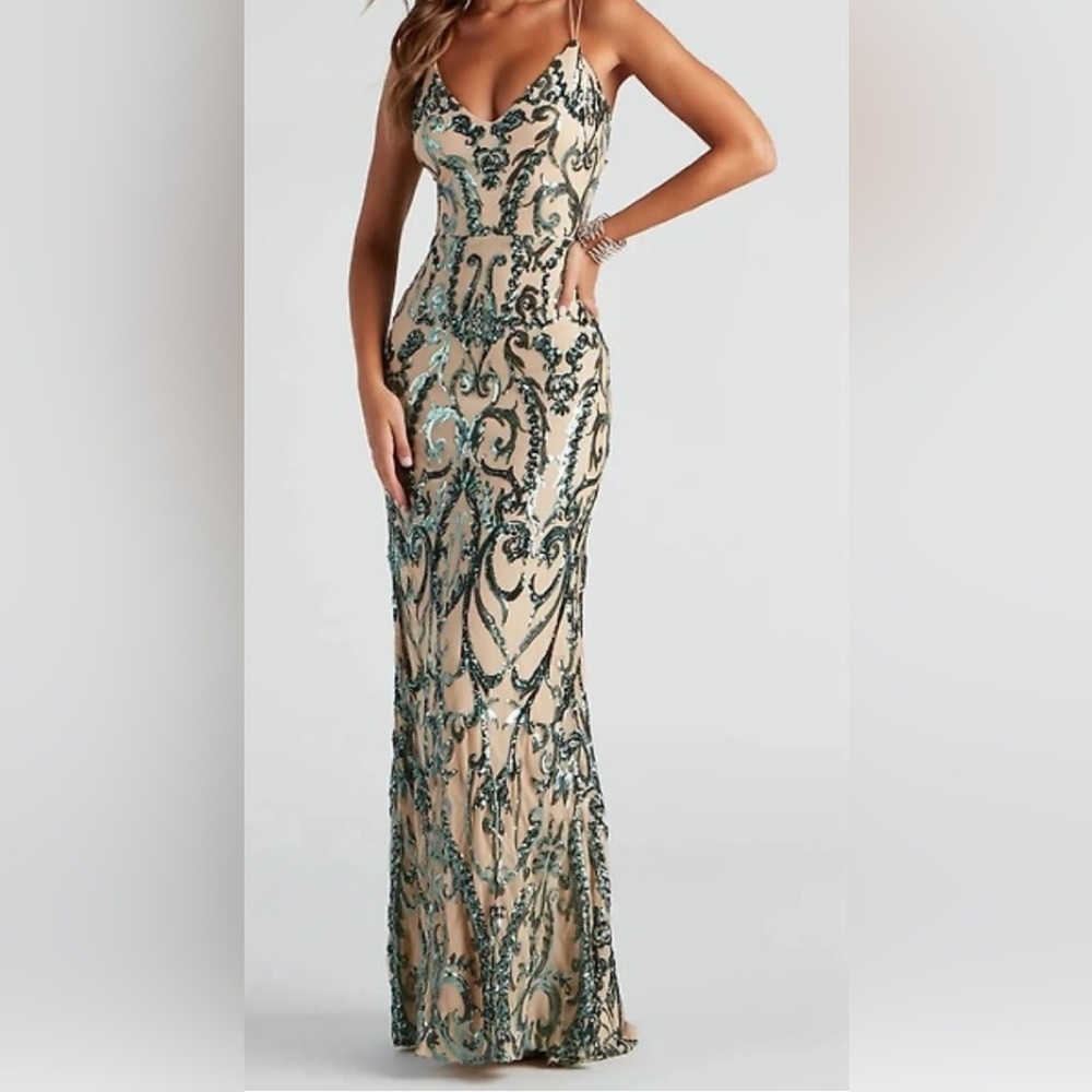 Windsor Nude Sequin Embellished Backless Evening Gown with Teal Accents